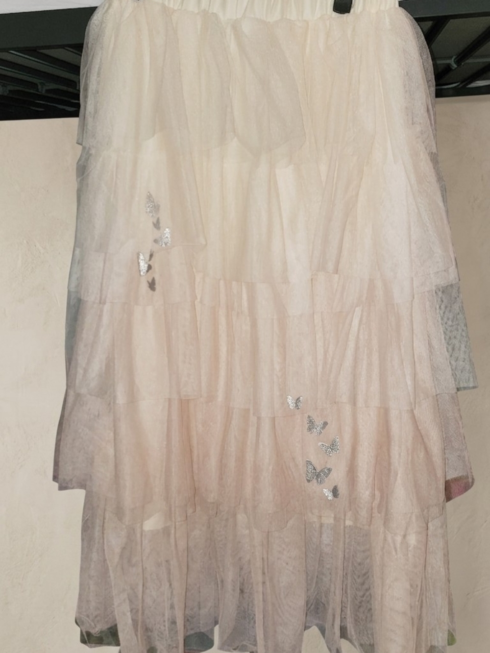 Wicked Layered Tulle Skirt with Silver Butterfly Accents - Cream/Pale Pink